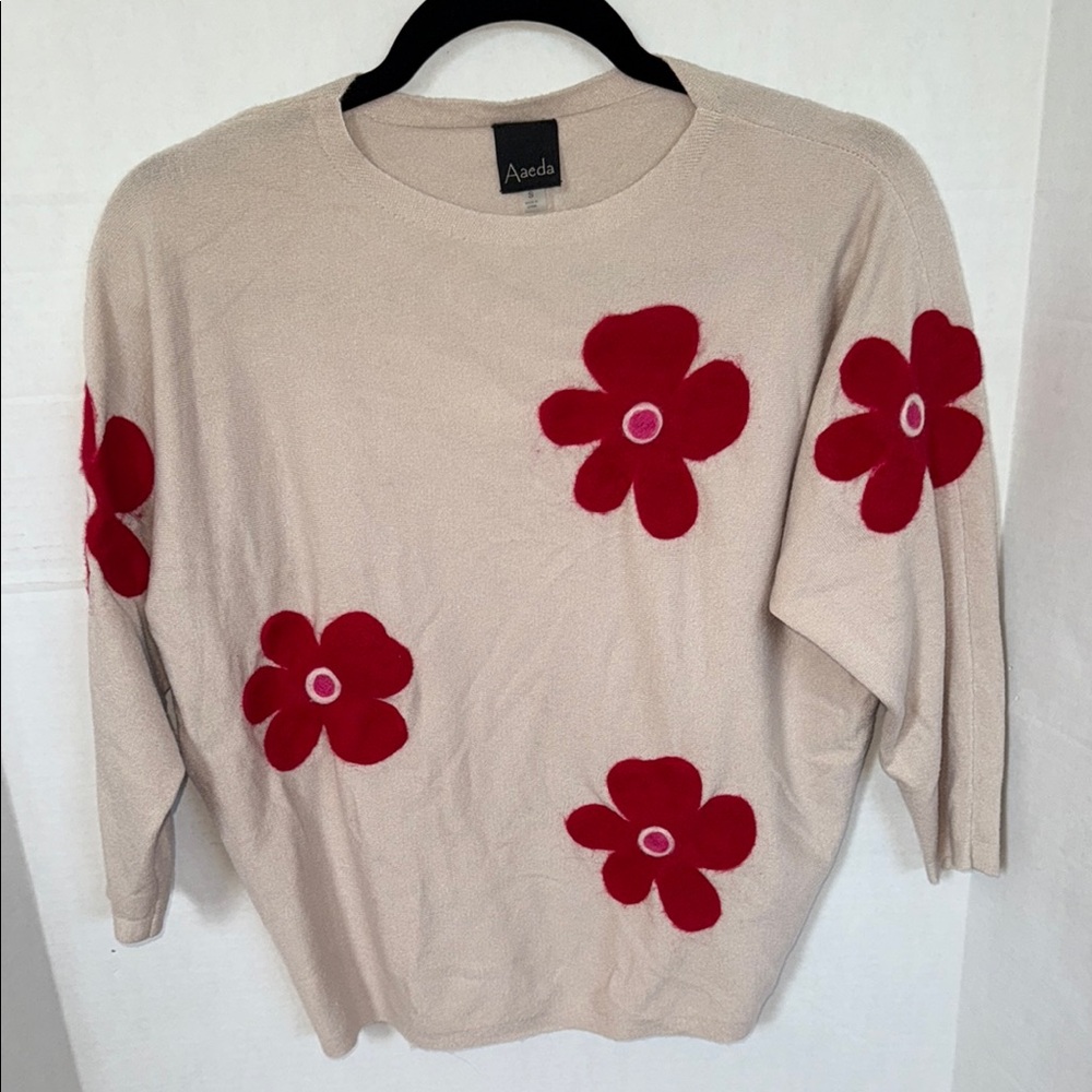 Aaeda Cream Sweater with Red Floral Design